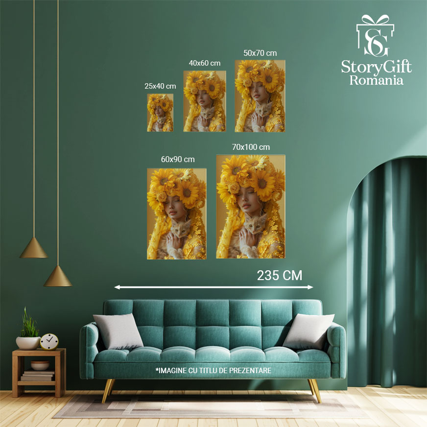 Tablou Canvas  Yellow Girl cu Floricele pe Palarie cu Ochii Inchisi cu o Pisica Blanda cu Ochii Mari Luminosi , Pictura Digitala 40x25CM [4]