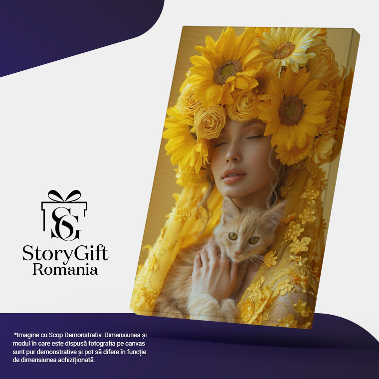 Tablou Canvas  Yellow Girl cu Floricele pe Palarie cu Ochii Inchisi cu o Pisica Blanda cu Ochii Mari Luminosi , Pictura Digitala 40x25CM [5]