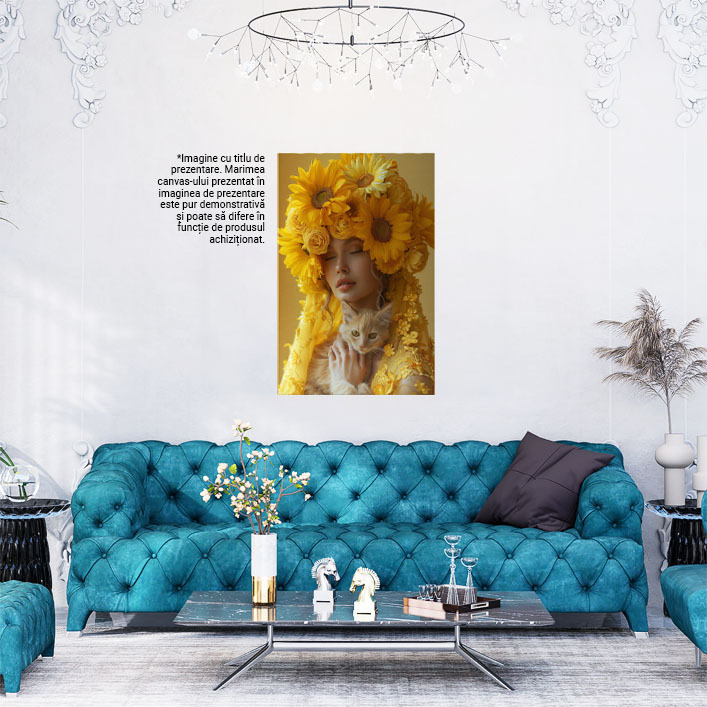 Tablou Canvas  Yellow Girl cu Floricele pe Palarie cu Ochii Inchisi cu o Pisica Blanda cu Ochii Mari Luminosi , Pictura Digitala 40x25CM [2]