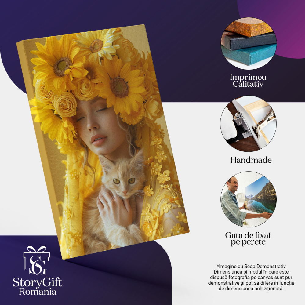 Tablou Canvas  Yellow Girl cu Floricele pe Palarie cu Ochii Inchisi cu o Pisica Blanda cu Ochii Mari Luminosi , Pictura Digitala 40x25CM [3]
