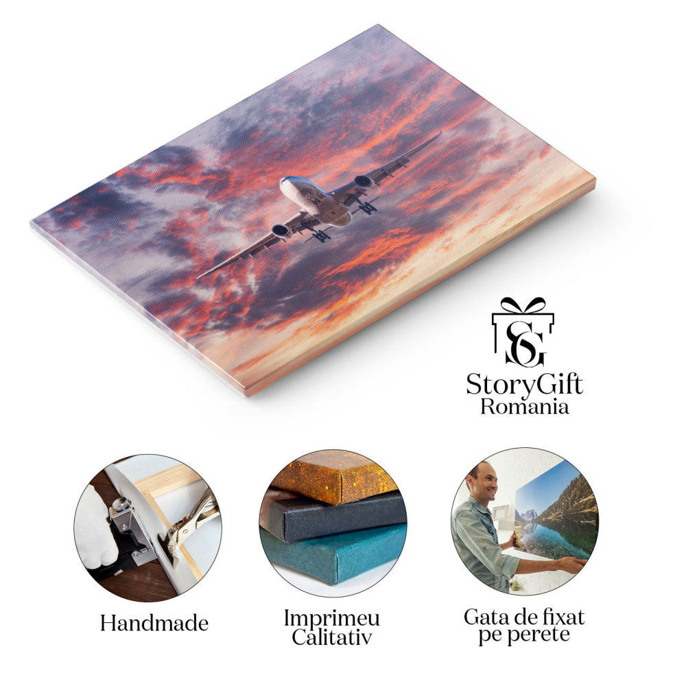 Tablou Canvas: Zbor Comercial la Apus de Soare in Avion 40x25CM [2]