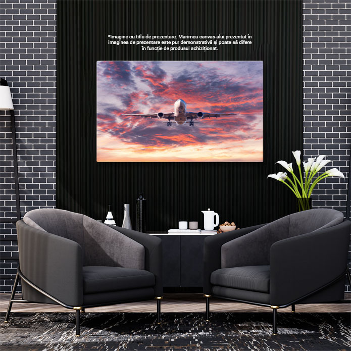 Tablou Canvas: Zbor Comercial la Apus de Soare in Avion 40x25CM [3]