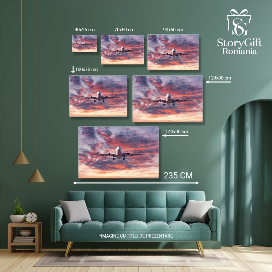 Tablou Canvas: Zbor Comercial la Apus de Soare in Avion 40x25CM [5]