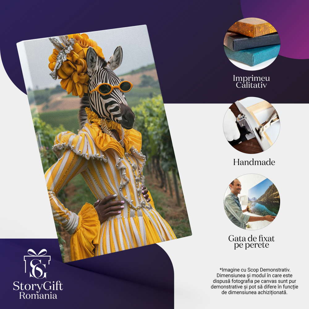 Tablou Canvas Zebra cu Dungi Galbene și Perle pe Fundal de Viță de Vie, Marime 40x25CM [2]