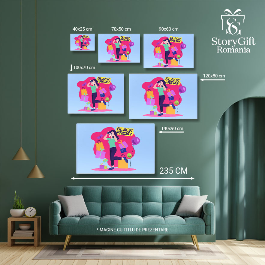 Tablou Cnavas Pasiune pentru Reduceri, Pata Roz de Culoare  in care Sunt Cadouri si o Femeie cu Mainile-n Cap 40x25CM [5]