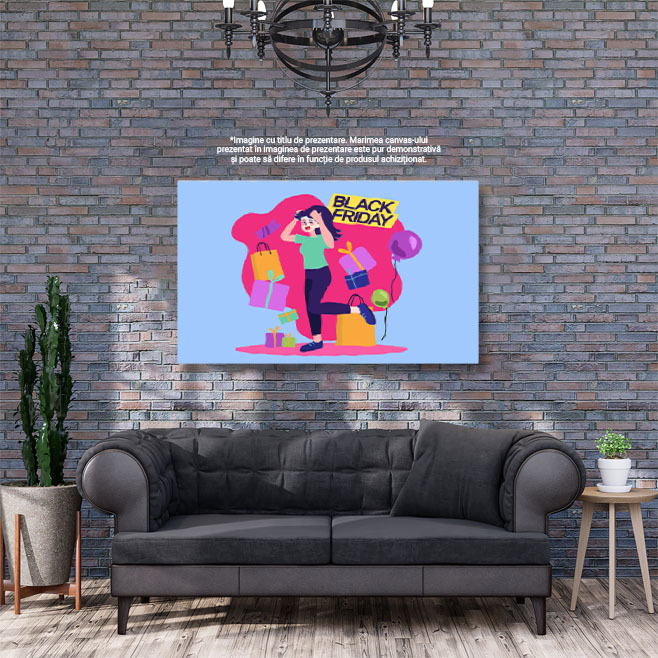 Tablou Cnavas Pasiune pentru Reduceri, Pata Roz de Culoare  in care Sunt Cadouri si o Femeie cu Mainile-n Cap 40x25CM [3]