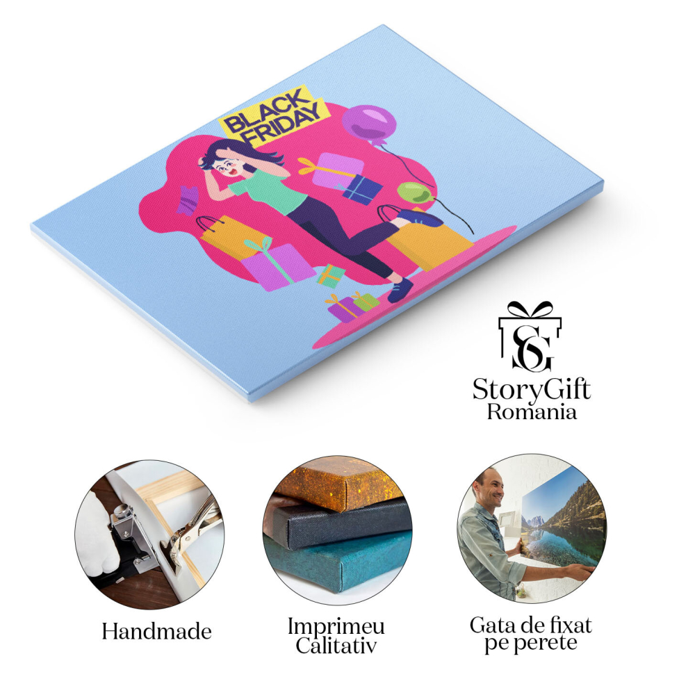 Tablou Cnavas Pasiune pentru Reduceri, Pata Roz de Culoare  in care Sunt Cadouri si o Femeie cu Mainile-n Cap 40x25CM [2]