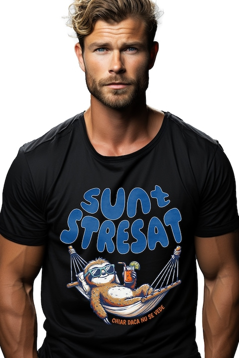 Tricou Barbati Animal Lenes Cu Cocktail in hamac Text Haios Sunt Stresat Chiar Daca Nu Se Vede cu imprimeu pe Fata, 100% Bumbac, Negru, M [1]