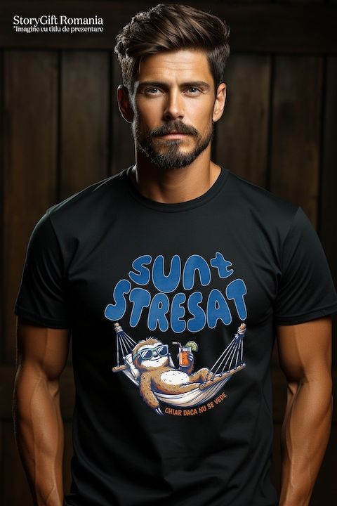 Tricou Barbati Animal Lenes Cu Cocktail in hamac Text Haios Sunt Stresat Chiar Daca Nu Se Vede cu imprimeu pe Fata, 100% Bumbac, Negru, M [2]