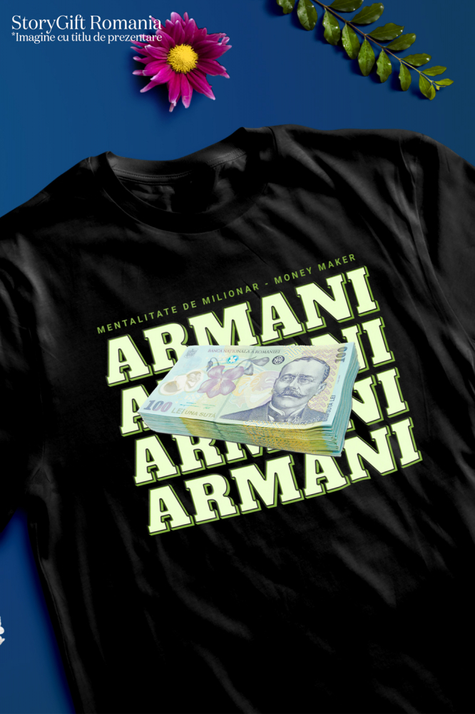 Tricou Barbati _Armani_ - 100 Lei Romanesti cu imprimeu pe Fata, 100% Bumbac,  Negru, L [2]