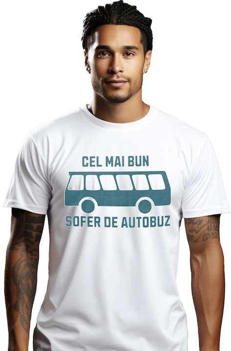 Tricou Barbati Cel mai bun sofer de autobuz iubitorii de condus cu imprimeu pe Fata, 100% Bumbac, Alb, XL [1]