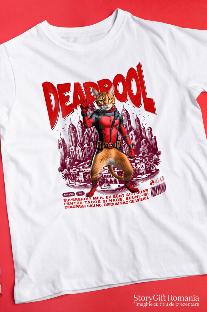Tricou Femei, Barbati, Copii, Fata, Baiat, Unisex Personalizat Pisică Abisiniană în Costum Deadpool – Supererou Amuzant pentru Iubitorii de Pisici [3]