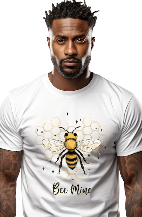 Tricou Barbati cu albina cu mesajul "Bee Mine", al meu, a mea, stelute, fagure pe fundal, insecta, ilustratie cu Maner Alb cu imprimeu pe Fata, 100% Bumbac, Alb, XL [1]