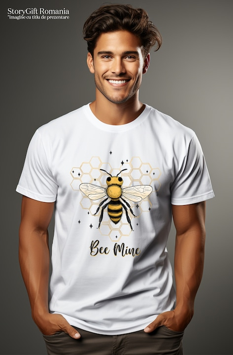 Tricou Barbati cu albina cu mesajul "Bee Mine", al meu, a mea, stelute, fagure pe fundal, insecta, ilustratie cu Maner Alb cu imprimeu pe Fata, 100% Bumbac, Alb, XL [2]