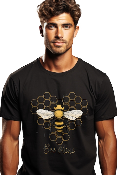 Tricou Barbati cu albina cu mesajul "Bee Mine", al meu, a mea, stelute, fagure pe fundal, insecta, ilustratie cu Maner Alb cu imprimeu pe Fata, 100% Bumbac, Negru, XL [1]