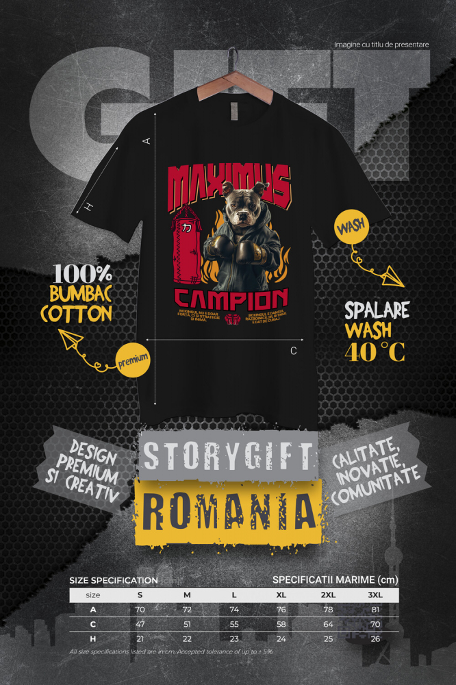 Tricou Barbati cu Animal Boxer In Hanorac, Sac de Box, Flacari, Peronalizata cu Numele si Poza Animalului Tau cu imprimeu pe Fata, 100% Bumbac, Negru, M [4]
