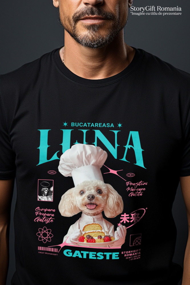 Tricou Barbati cu Animal Bucatar, Cofetar, Patiser, Peronalizata cu Numele si Poza Animalului Tau cu imprimeu pe Fata, 100% Bumbac, Negru, M [2]