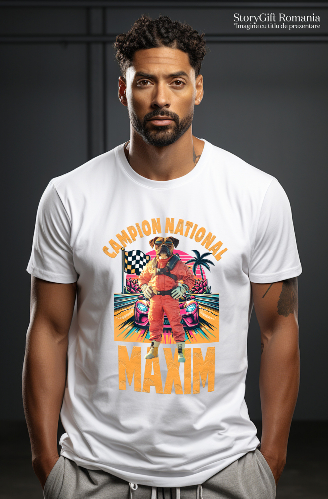 Tricou Barbati cu Animal Campion la Cursele cu Masini, Peronalizata cu Numele si Poza Animalului Tau cu imprimeu pe Fata, 100% Bumbac, Alb, XS [2]