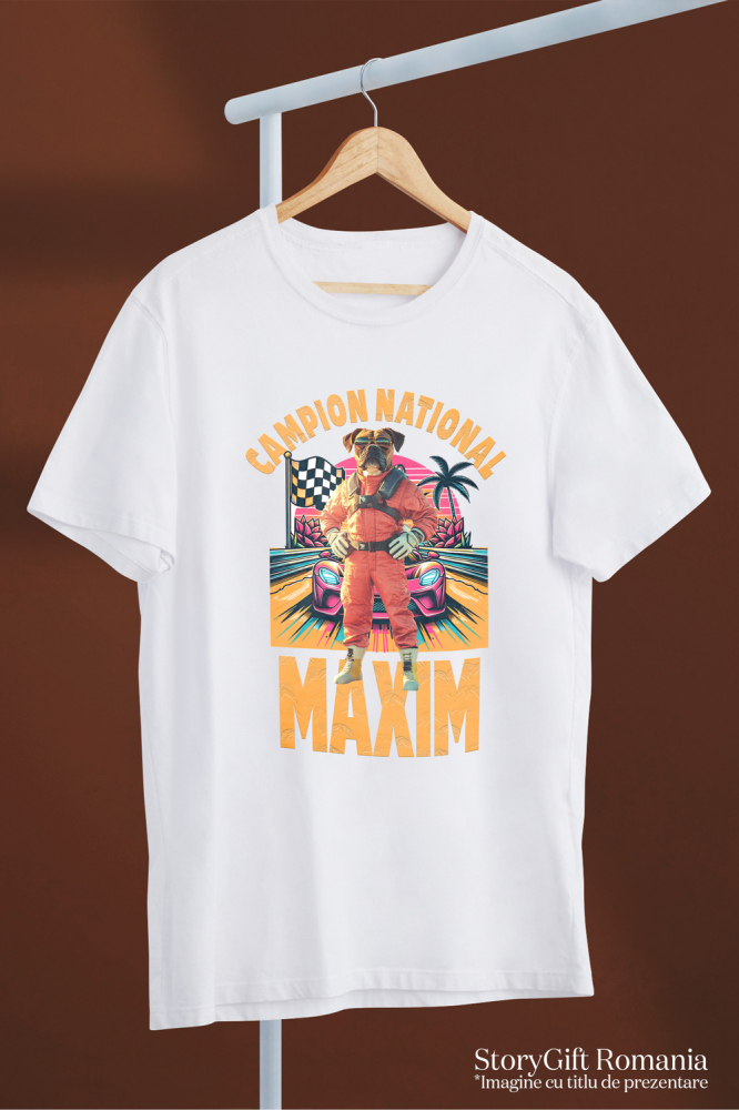 Tricou Barbati cu Animal Campion la Cursele cu Masini, Peronalizata cu Numele si Poza Animalului Tau cu imprimeu pe Fata, 100% Bumbac, Alb, XS [3]