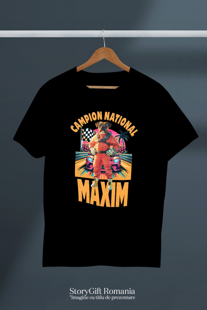 Tricou Femei cu Animal Campion la Cursele cu Masini, Peronalizata cu Numele si Poza Animalului Tau cu imprimeu pe Fata, 100% Bumbac, Negru, XS [3]