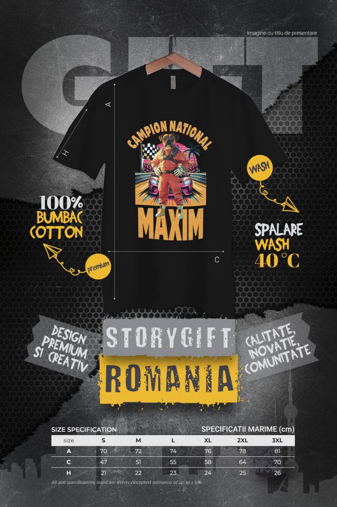 Tricou Barbati cu Animal Campion la Cursele cu Masini, Peronalizata cu Numele si Poza Animalului Tau cu imprimeu pe Fata, 100% Bumbac, Negru, XS [4]