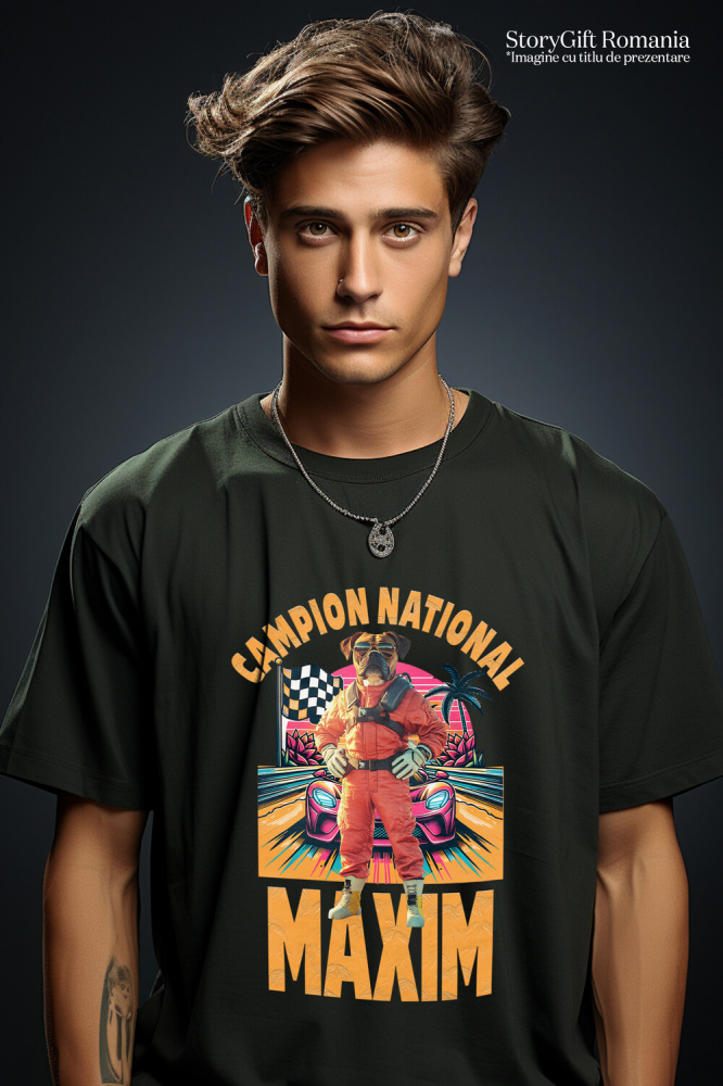 Tricou Barbati cu Animal Campion la Cursele cu Masini, Peronalizata cu Numele si Poza Animalului Tau cu imprimeu pe Fata, 100% Bumbac, Negru, XS [2]