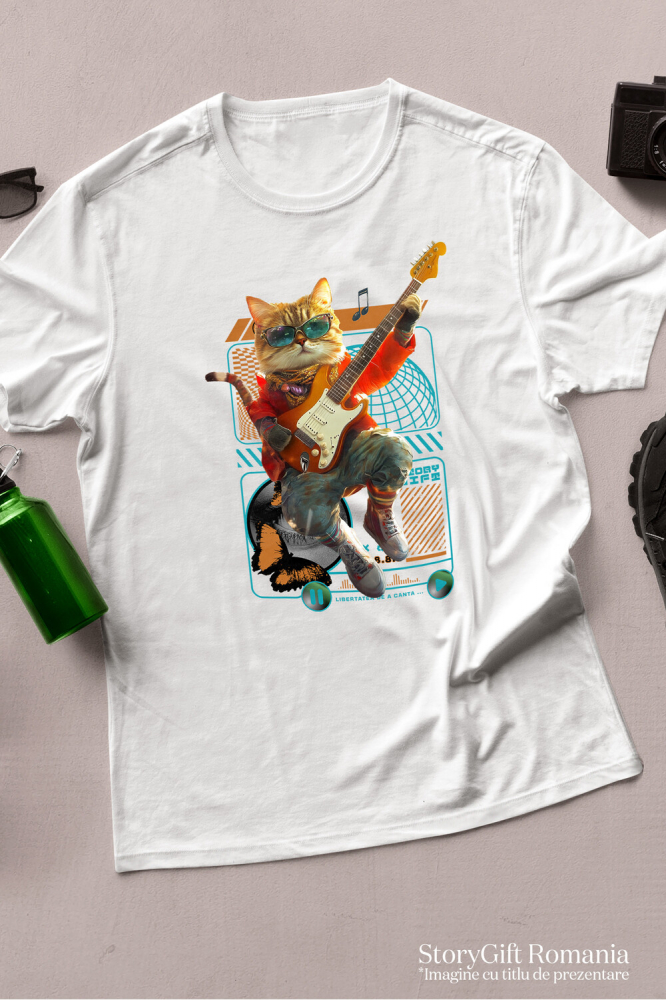 Tricou Barbati cu Animal Cantand la Chitara, Peronalizata cu Numele si Poza Animalului Tau cu imprimeu pe Fata, 100% Bumbac, Alb, S [3]