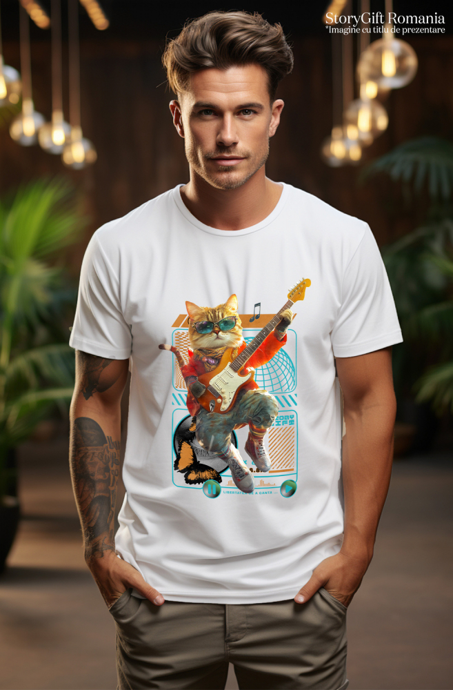 Tricou Barbati cu Animal Cantand la Chitara, Peronalizata cu Numele si Poza Animalului Tau cu imprimeu pe Fata, 100% Bumbac, Alb, S [2]