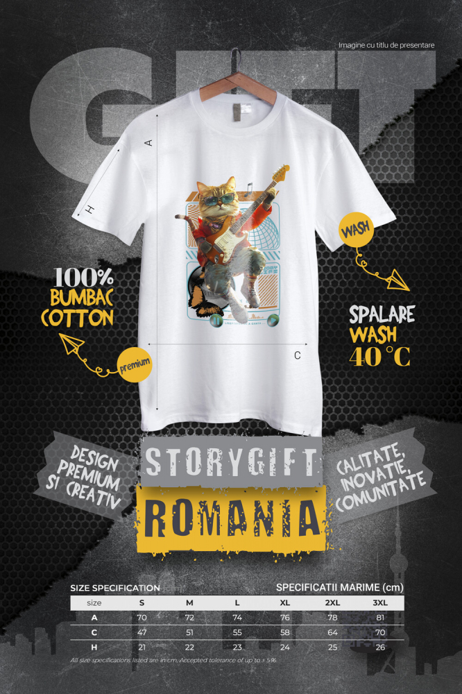 Tricou Barbati cu Animal Cantand la Chitara, Peronalizata cu Numele si Poza Animalului Tau cu imprimeu pe Fata, 100% Bumbac, Alb, S [4]