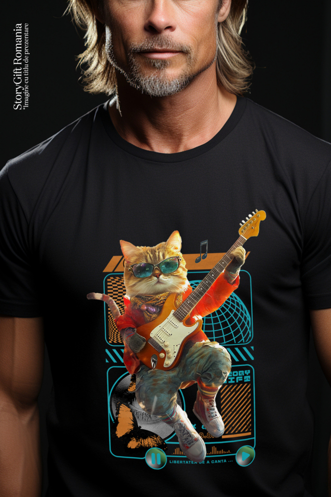 Tricou Barbati cu Animal Cantand la Chitara, Peronalizata cu Numele si Poza Animalului Tau cu imprimeu pe Fata, 100% Bumbac, Negru, S [2]