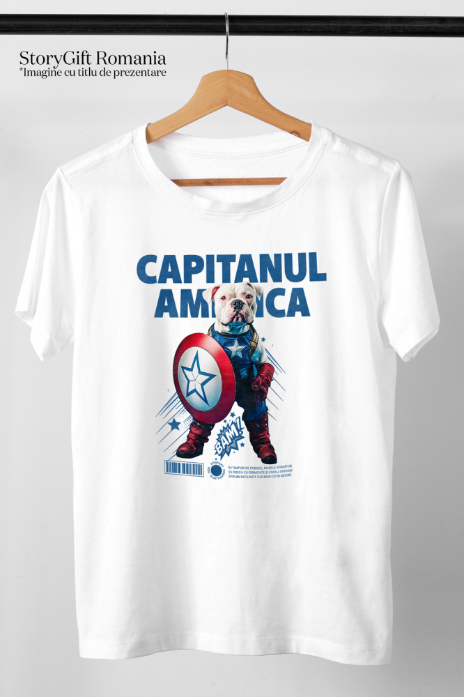 Tricou Barbati cu Animal Capitanul America, Peronalizata cu Numele si Poza Animalului Tau cu imprimeu pe Fata, 100% Bumbac, Alb, XS [3]