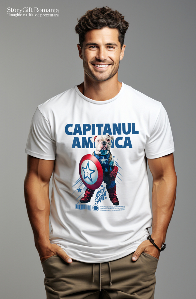 Tricou Barbati cu Animal Capitanul America, Peronalizata cu Numele si Poza Animalului Tau cu imprimeu pe Fata, 100% Bumbac, Alb, XS [2]