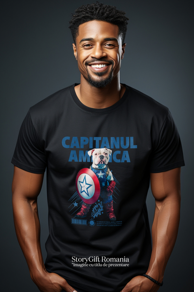 Tricou Barbati cu Animal Capitanul America, Peronalizata cu Numele si Poza Animalului Tau cu imprimeu pe Fata, 100% Bumbac, Negru, M [2]