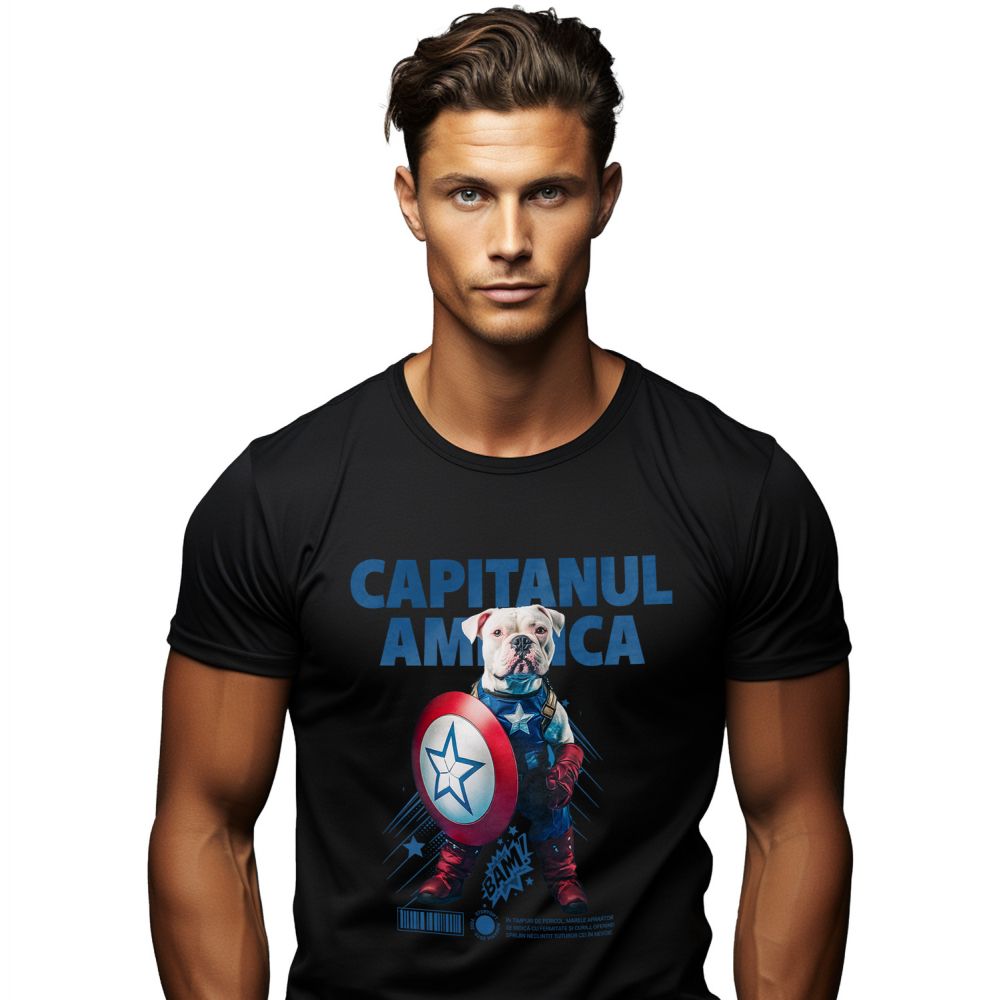 Tricou Barbati cu Animal Capitanul America, Peronalizata cu Numele si Poza Animalului Tau cu imprimeu pe Fata, 100% Bumbac, Negru, M [1]