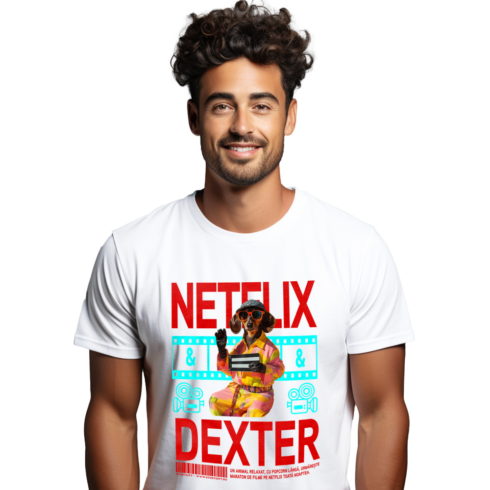 Tricou Barbati cu Animal Cinefil, Peronalizata cu Numele si Poza Animalului Tau cu imprimeu pe Fata, 100% Bumbac, Alb, XS [1]