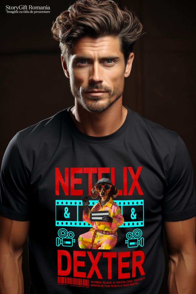 Tricou Barbati cu Animal Cinefil, Peronalizata cu Numele si Poza Animalului Tau cu imprimeu pe Fata, 100% Bumbac, Negru, S [2]