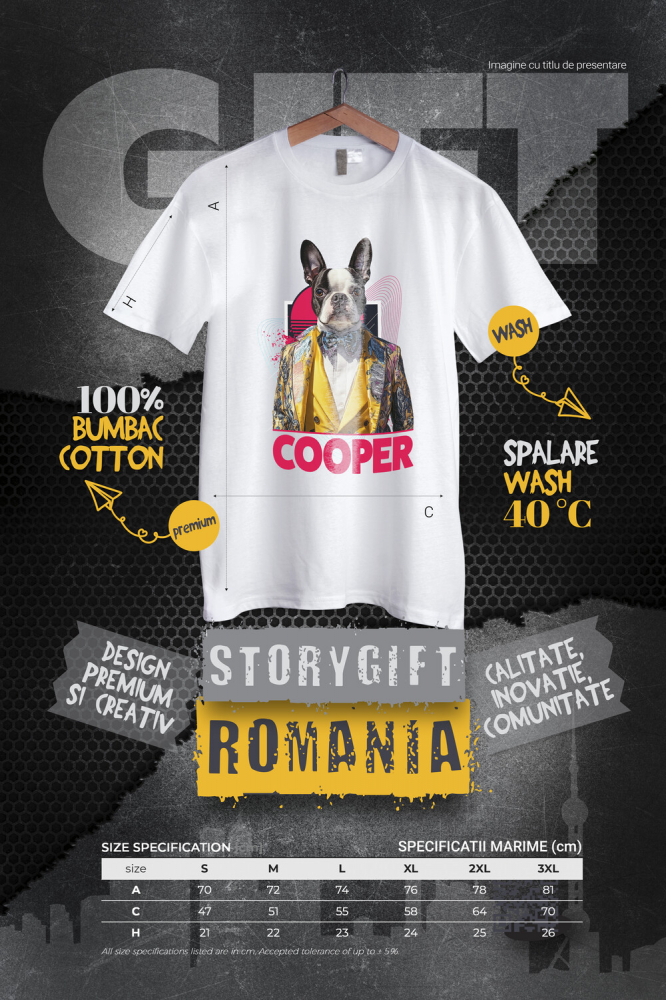 Tricou Barbati cu Animal Designer de Moda, Costum Colorat, Peronalizata cu Numele si Poza Animalului Tau cu imprimeu pe Fata, 100% Bumbac, Alb, XS [4]