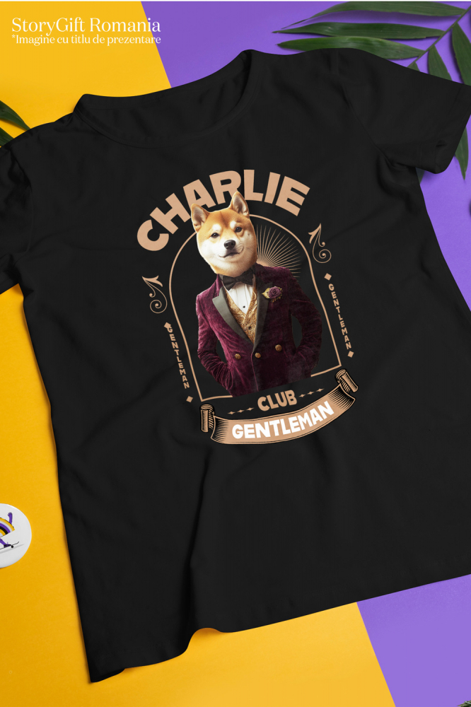 Tricou Barbati cu Animal Gentleman in Costum, Camasa, Papion si Floare Trandfir, Peronalizata cu Numele si Poza Animalului Tau cu imprimeu pe Fata, 100% Bumbac, Negru, XS [3]