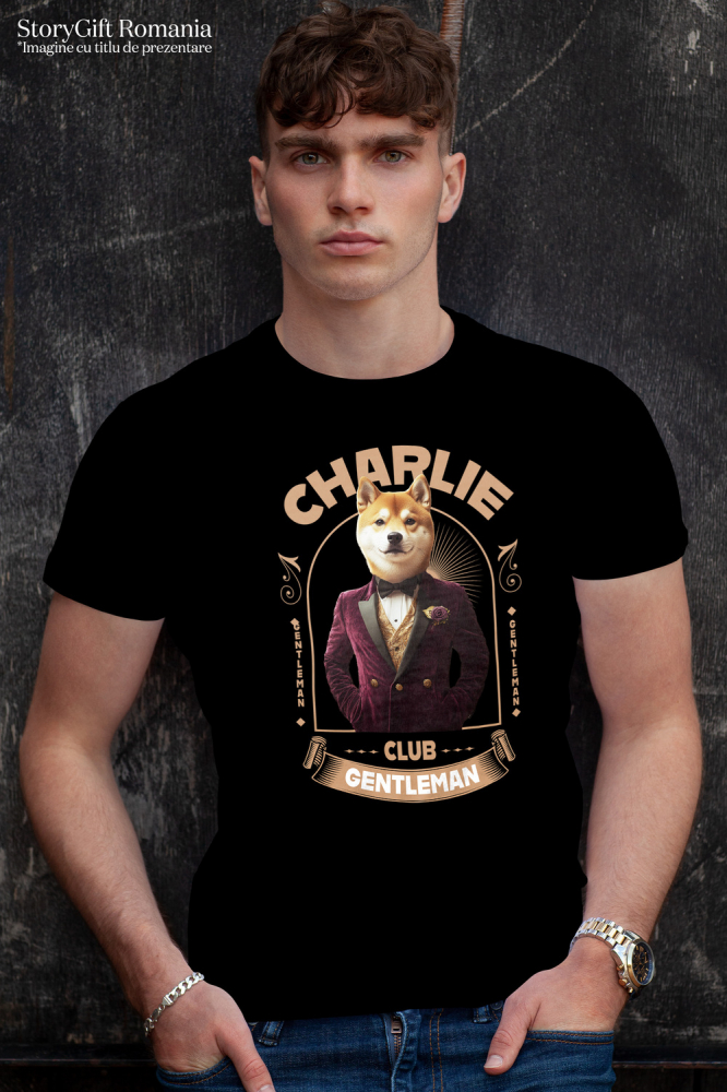 Tricou Barbati cu Animal Gentleman in Costum, Camasa, Papion si Floare Trandfir, Peronalizata cu Numele si Poza Animalului Tau cu imprimeu pe Fata, 100% Bumbac, Negru, XS [2]