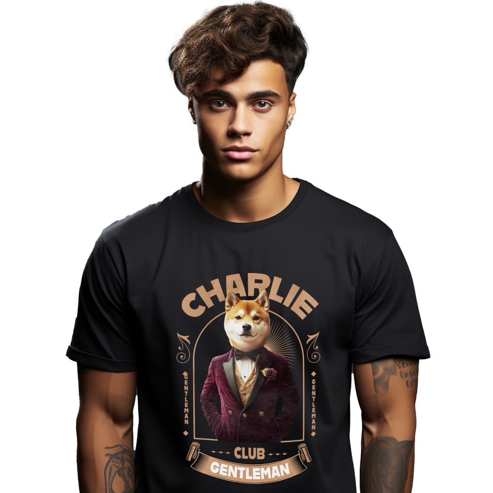 Tricou Barbati cu Animal Gentleman in Costum, Camasa, Papion si Floare Trandfir, Peronalizata cu Numele si Poza Animalului Tau cu imprimeu pe Fata, 100% Bumbac, Negru, XS [1]