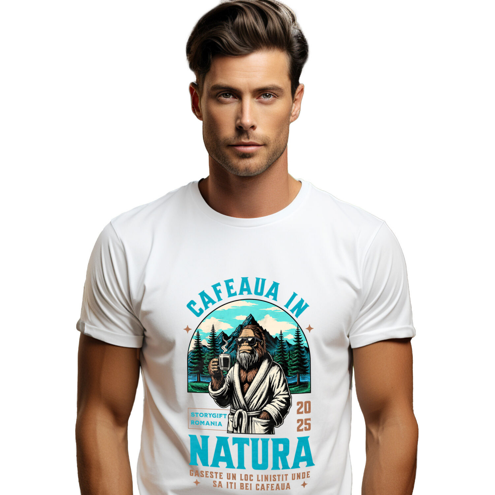 Tricou Femei, Barbati, Copii, Fata, Baiat, Unisex Personalizat "Gorila în Halat și Cafea Fierbinte la Munte – Relaxare în Natură" [1]