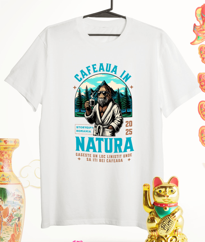 Tricou Femei, Barbati, Copii, Fata, Baiat, Unisex Personalizat "Gorila în Halat și Cafea Fierbinte la Munte – Relaxare în Natură" [3]