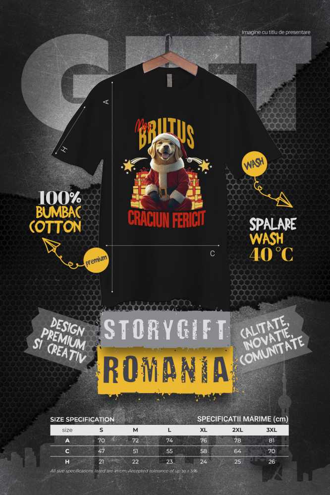 Tricou Barbati cu Animal Imbracat in Haine de Craciun, Cadouri, Peronalizata cu Numele si Poza Animalului Tau cu imprimeu pe Fata, 100% Bumbac, Negru, S [4]