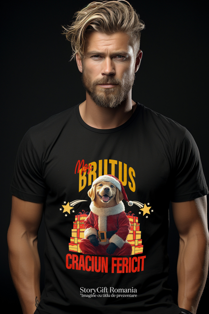 Tricou Barbati cu Animal Imbracat in Haine de Craciun, Cadouri, Peronalizata cu Numele si Poza Animalului Tau cu imprimeu pe Fata, 100% Bumbac, Negru, S [2]