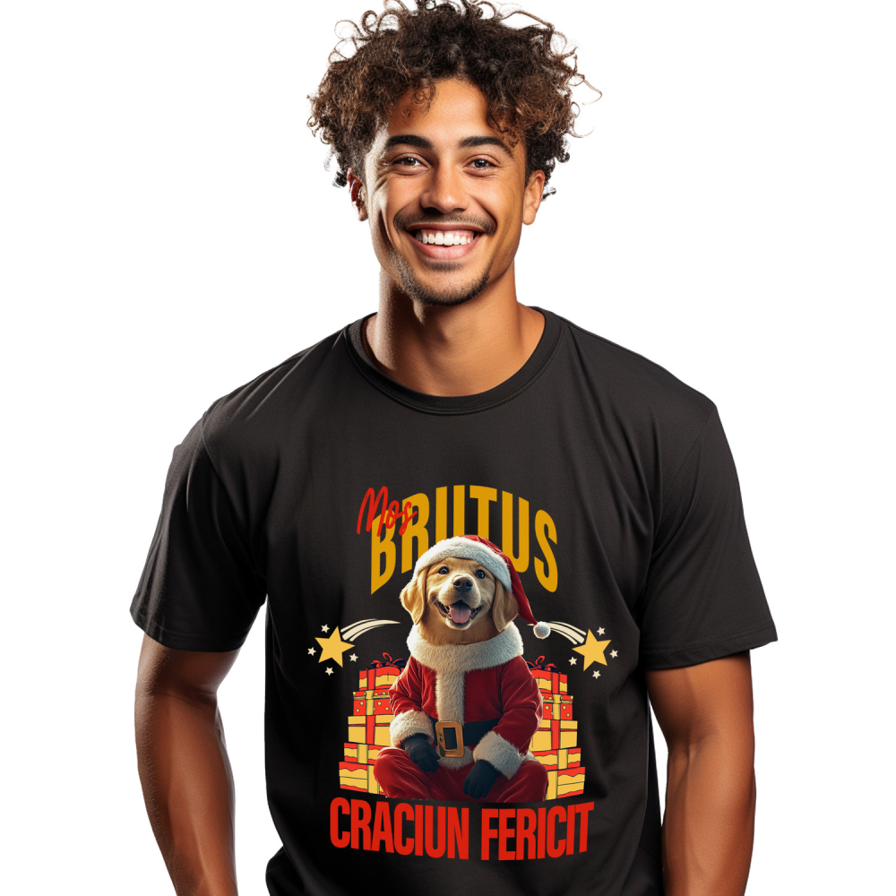 Tricou Barbati cu Animal Imbracat in Haine de Craciun, Cadouri, Peronalizata cu Numele si Poza Animalului Tau cu imprimeu pe Fata, 100% Bumbac, Negru, S [1]