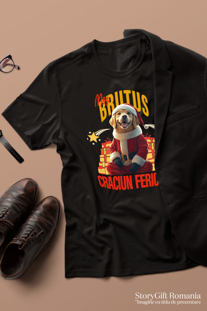 Tricou Barbati cu Animal Imbracat in Haine de Craciun, Cadouri, Peronalizata cu Numele si Poza Animalului Tau cu imprimeu pe Fata, 100% Bumbac, Negru, S [3]