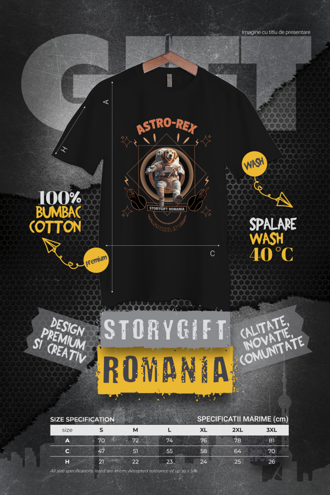 Tricou Barbati cu Animal In Costum de Astronaut , Peronalizata cu Numele si Poza Animalului Tau cu imprimeu pe Fata, 100% Bumbac, Negru, XS [4]