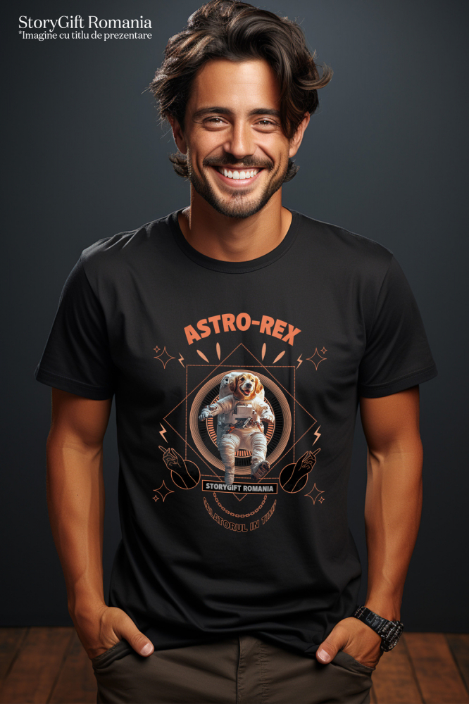 Tricou Barbati cu Animal In Costum de Astronaut , Peronalizata cu Numele si Poza Animalului Tau cu imprimeu pe Fata, 100% Bumbac, Negru, XS [2]