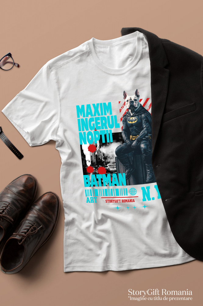 Tricou Barbati cu Animal In Costum de Batman pe Strazile din New York City, Peronalizata cu Numele si Poza Animalului Tau cu imprimeu pe Fata, 100% Bumbac, Alb, XS [3]
