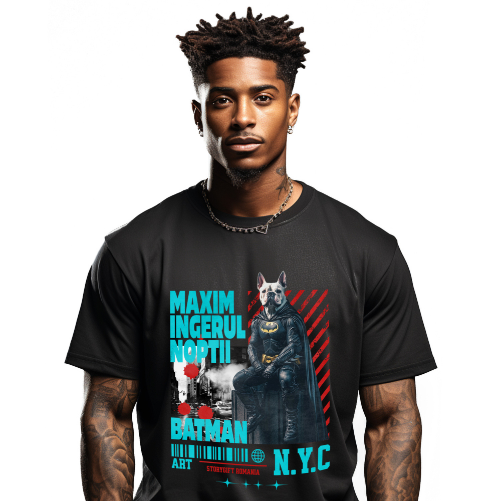 Tricou Barbati cu Animal In Costum de Batman pe Strazile din New York City, Peronalizata cu Numele si Poza Animalului Tau cu imprimeu pe Fata, 100% Bumbac, Negru, M [1]